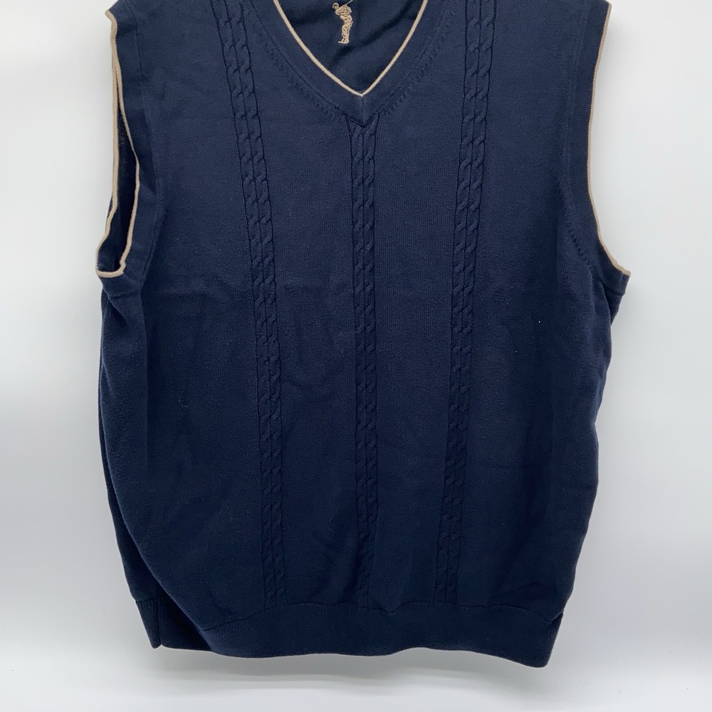 VTG Cypress Links Size 2XB V Neck Golf Sweater Vest Khaki Trim‎ Cable Knit EUC